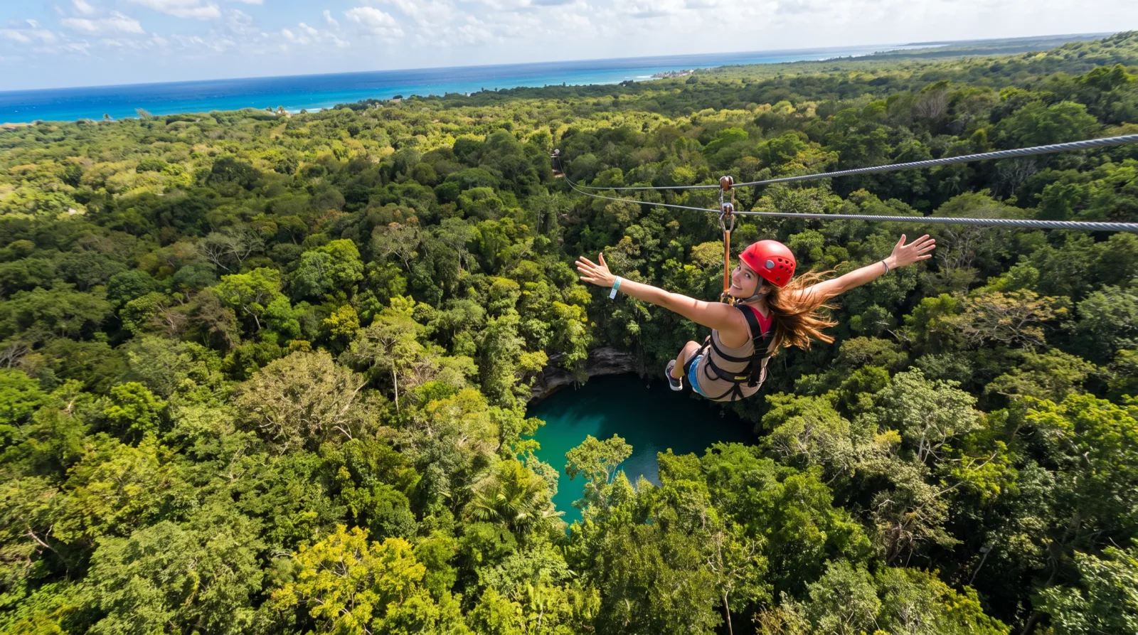 Persona cruzando en tirolesa sobre la selva, con un cenote turquesa abajo y el mar Caribe al fondo